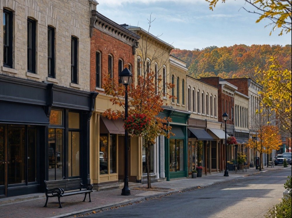Historic limestone and brick storefronts on a small-town Ontario main street in autumn