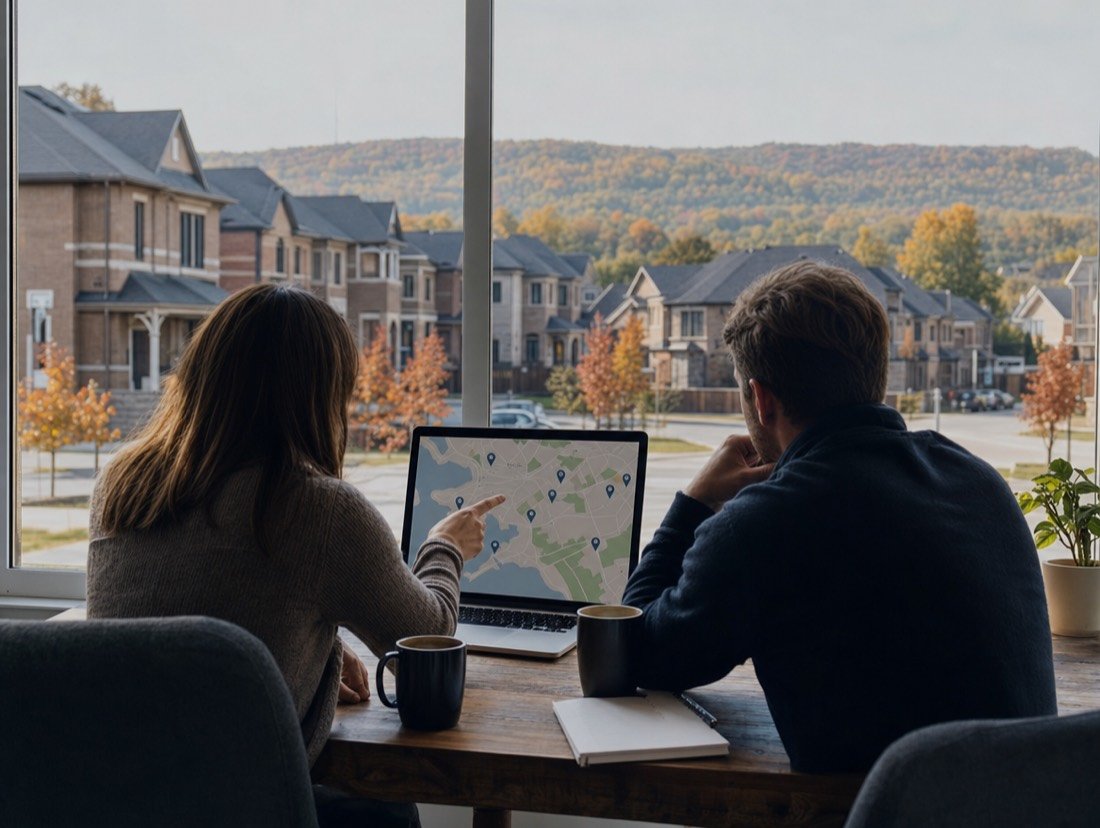 Two people planning local SEO over a map of Milton on a laptop, with rows of new homes outside the window
