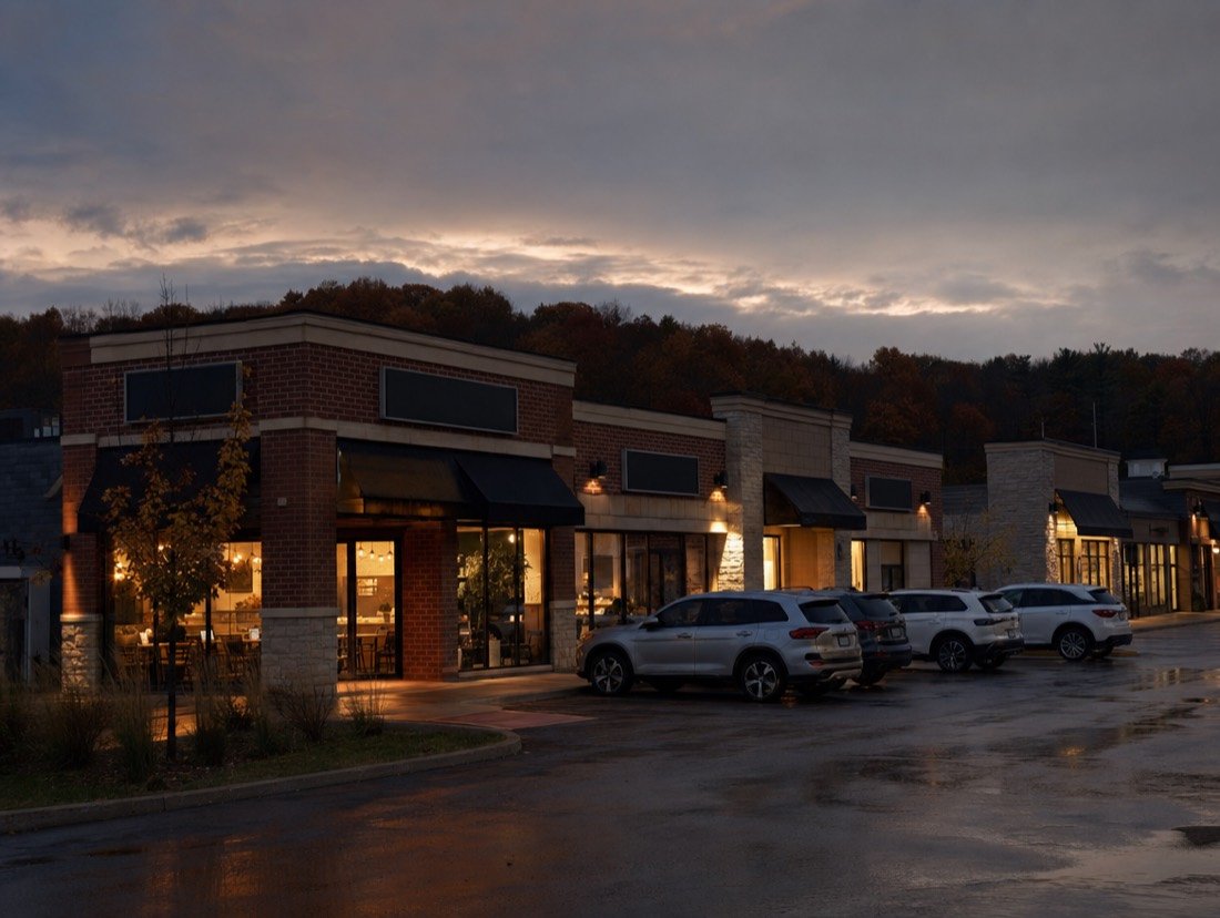 A Milton retail plaza at dusk with shops lit up and a wooded ridge behind