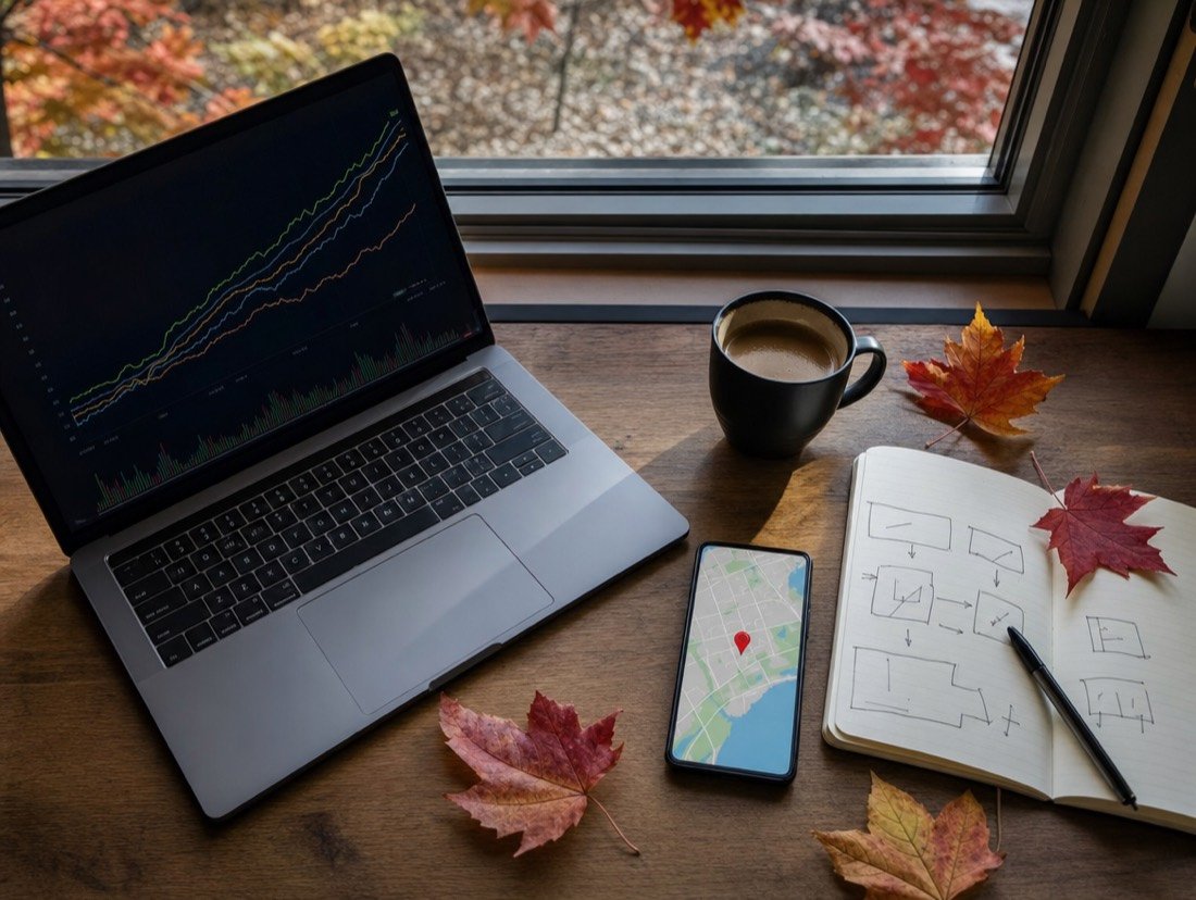 A laptop with ranking charts, a phone map and a notebook of site plans among autumn leaves