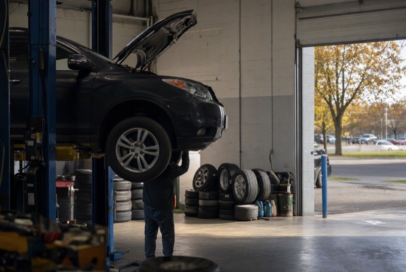 A family SUV on a hoist in an independent repair garage