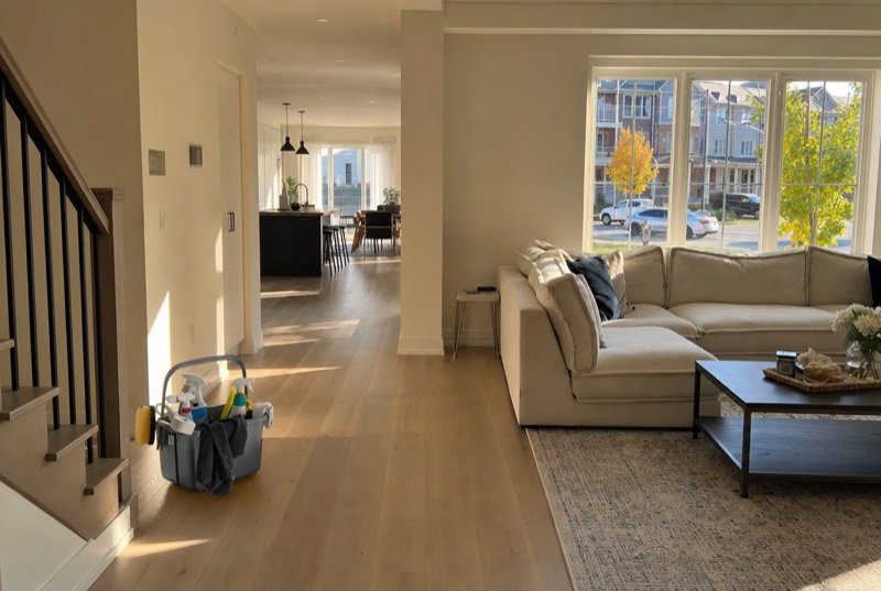A spotless open-concept townhome living room
