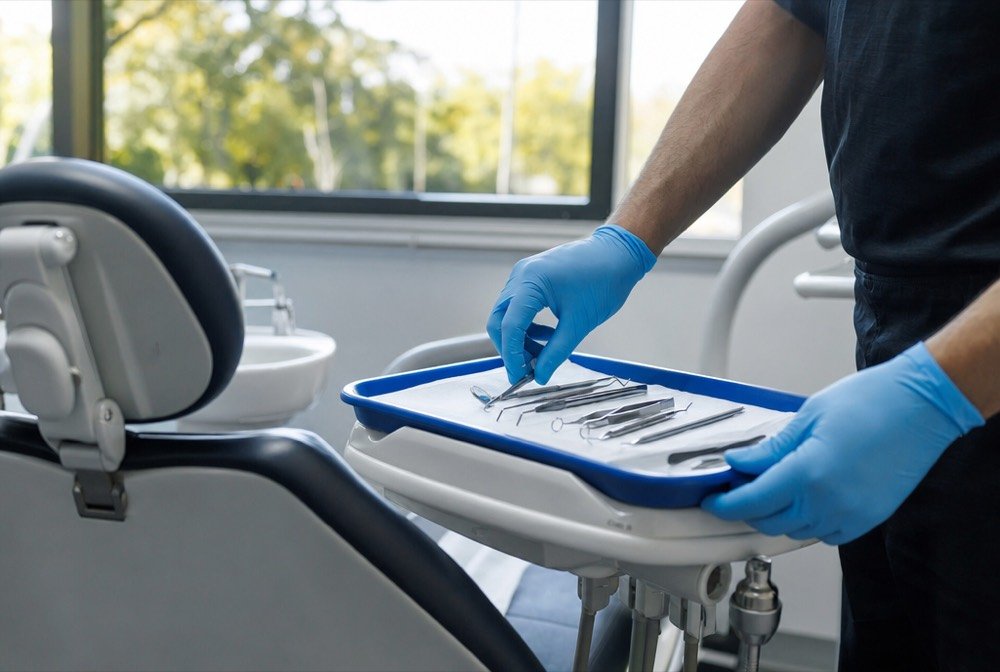 Gloved hands laying out dental instruments next to a treatment chair, trees visible through the window