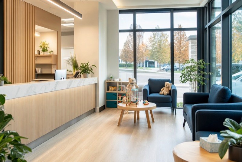 Dental clinic SEO: a bright family reception with a small children&rsquo;s corner