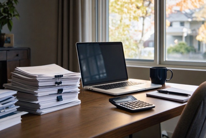 Accounting SEO: a desk with a laptop, calculator and sorted tax slips