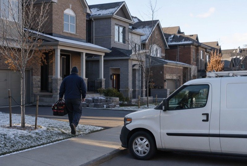 A technician walking up to a newer brick and stone home in early winter