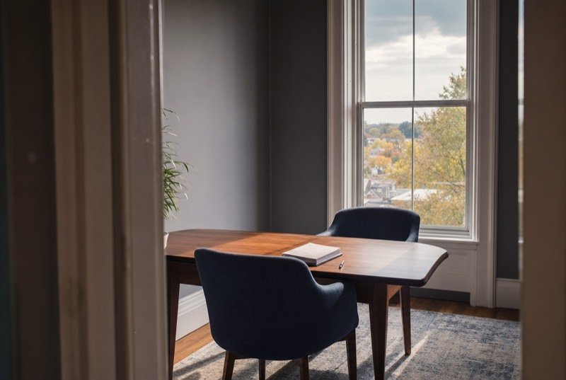 Law firm SEO: a small office meeting room with a tall sash window