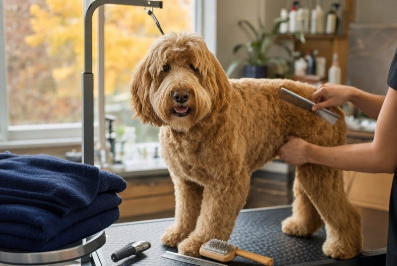 Pet groomer SEO: a golden doodle on a grooming table in a bright studio