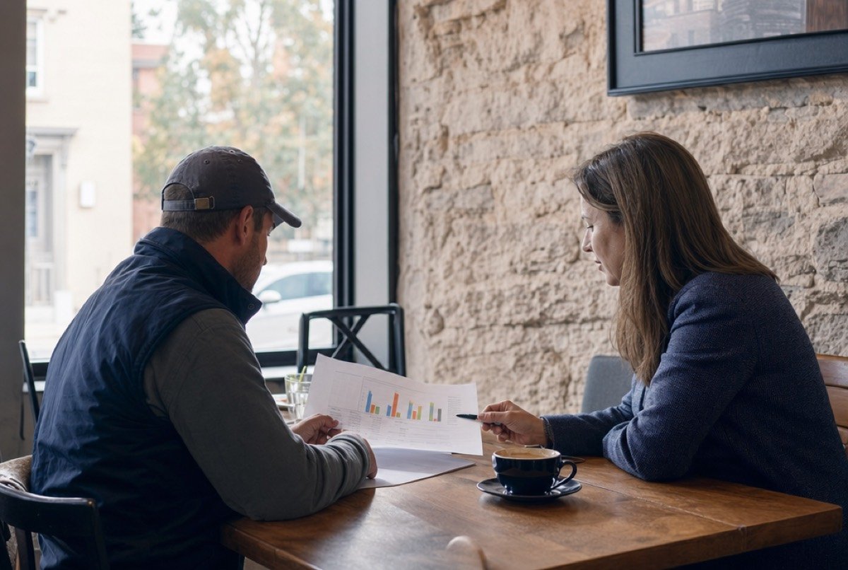 A business owner and an advisor comparing SEO pricing options over a printed report in a café