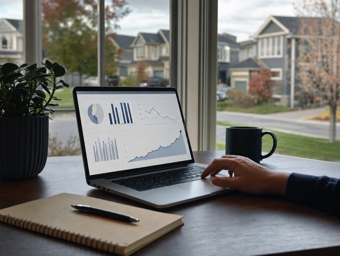 A laptop with Google Ads performance charts by a window overlooking a Milton subdivision