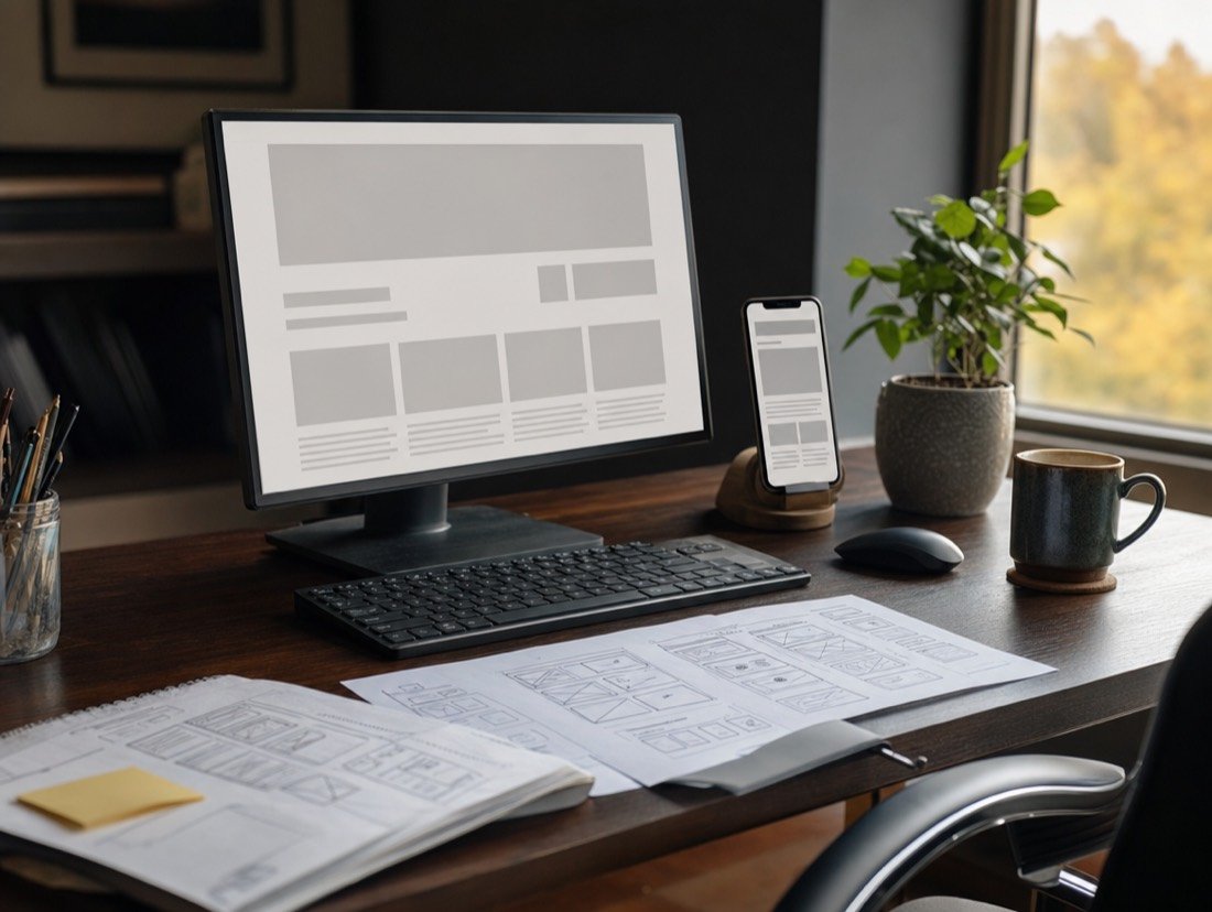 A website wireframe on a desktop monitor and phone, with printed page layouts on the desk