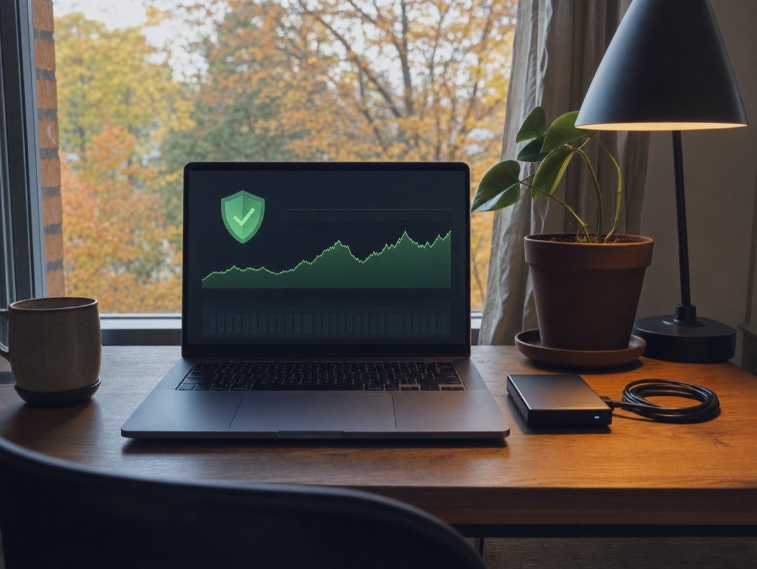 A laptop showing a security shield and uptime graph, beside an external backup drive