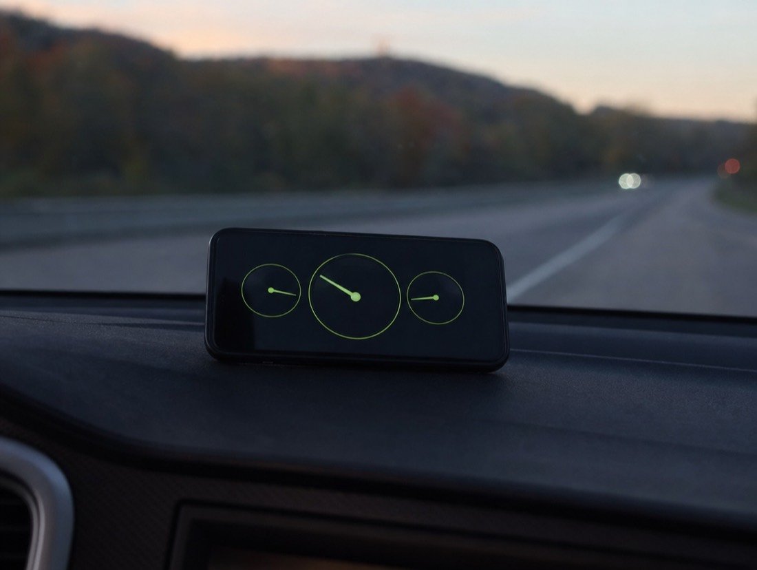 Three speed gauges on a phone mounted on a car dashboard, driving at dusk